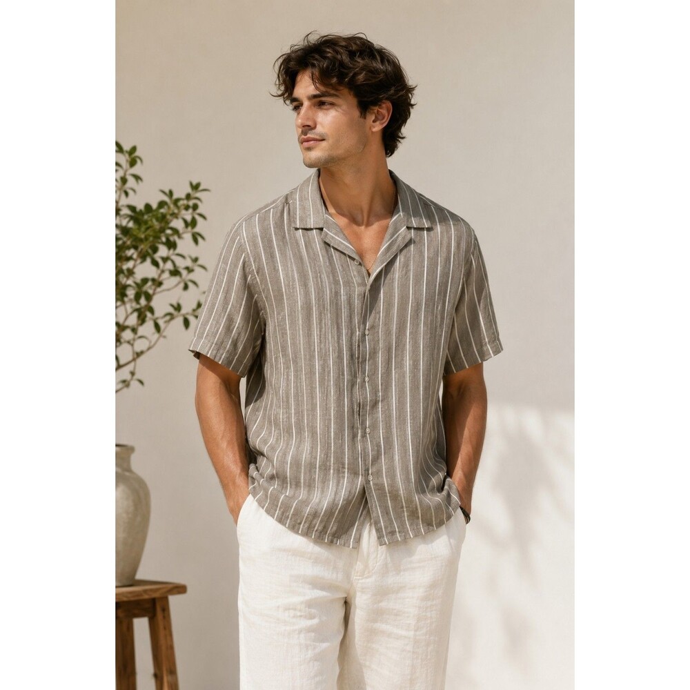 Porter and Ash Linen Blend Shirt Mens Beige Striped Button Down Short Sleeve Xl